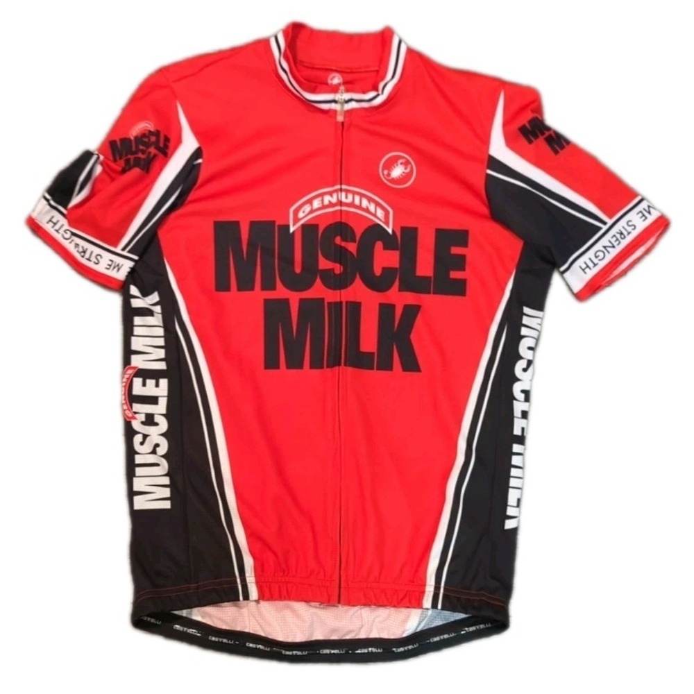 Castelli Womens L Racing Shirt MUSCLE MILK Red White Black Short Sleeve Full Zip